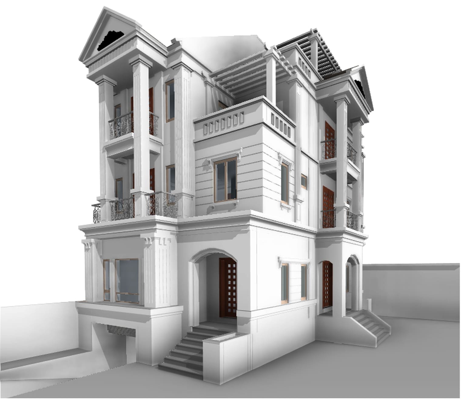 Perspective of a three-storey villa built with the architecture tools of Revit 2027: walls, columns, roofs, railings, doors and stairs are all model elements