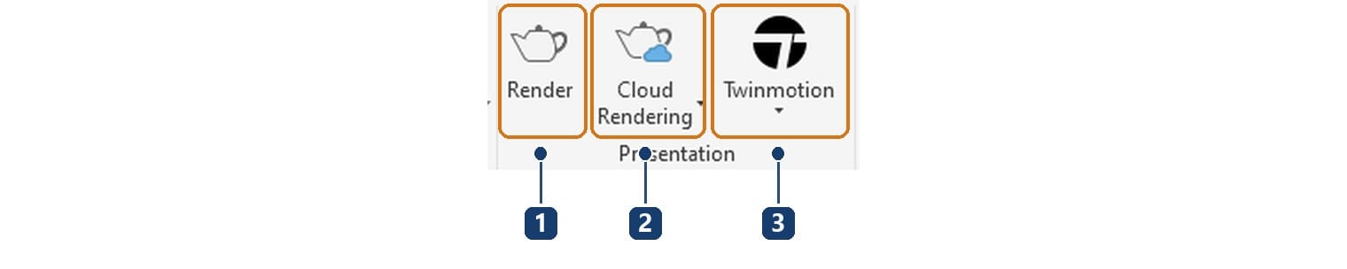 1 Render là bộ render có sẵn của Revit. 2 Cloud Rendering gửi ảnh lên dịch vụ đám mây của Autodesk. 3 Twinmotion mở mô hình sang Twinmotion và giữ liên kết Direct Link