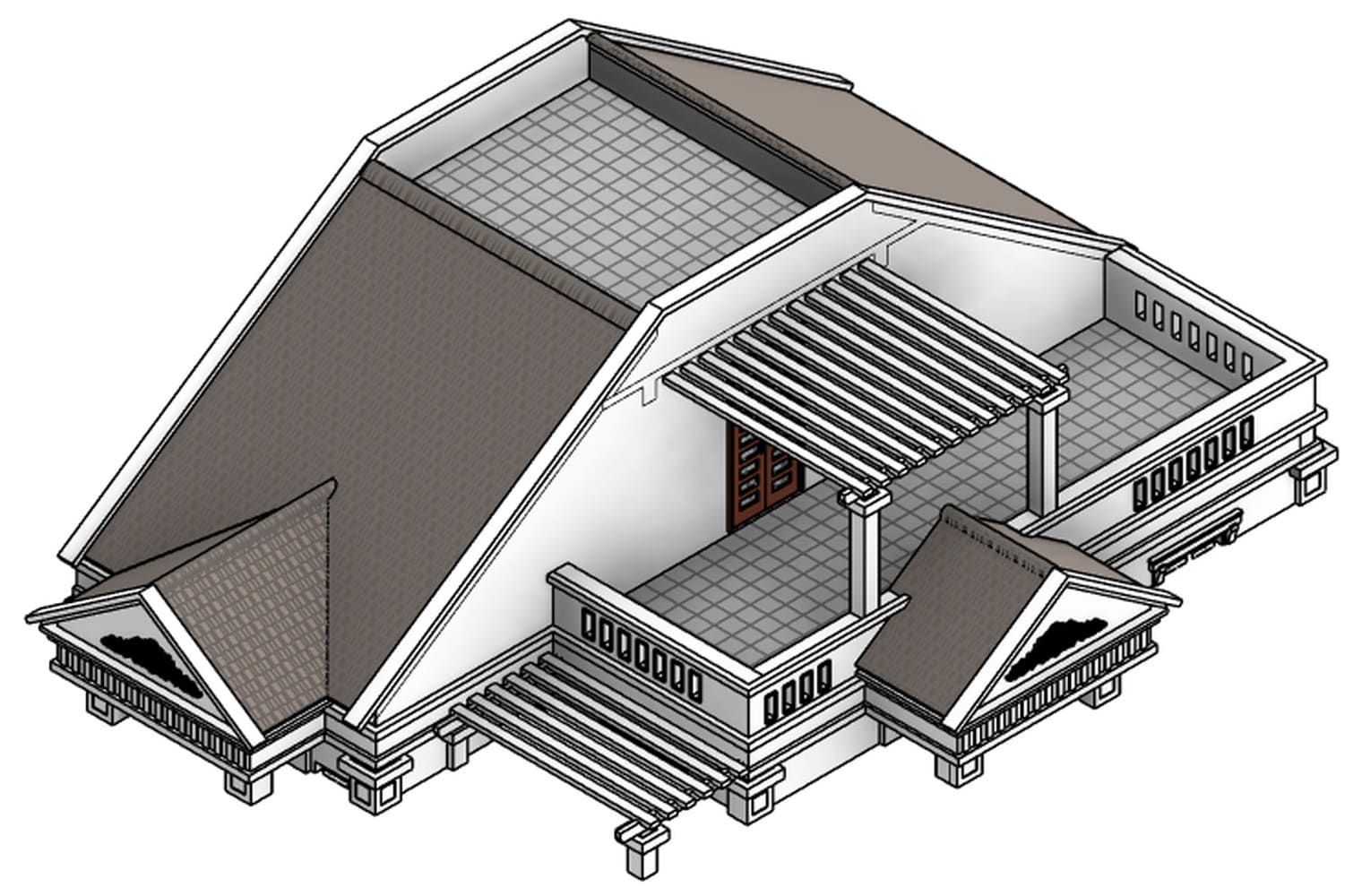 Phối cảnh tầng mái của một công trình biệt thự trong Revit 2027, loại khung nhìn thường được đưa sang plugin render