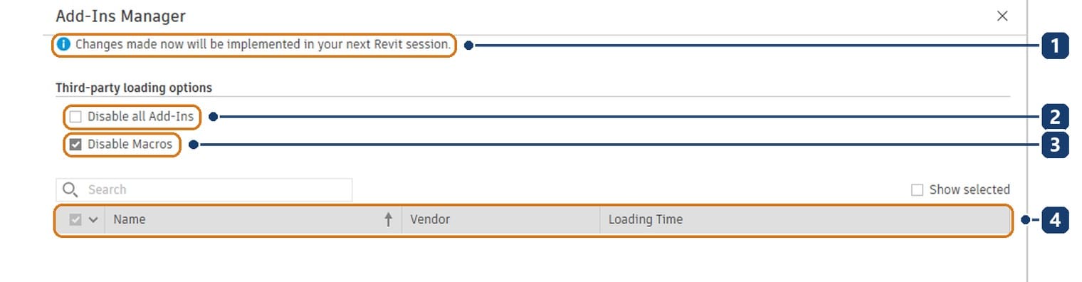 Hộp Add-Ins Manager của Revit 2027: thay đổi có hiệu lực từ lần mở sau, hai tùy chọn tắt toàn bộ add-in và macro, danh sách add-in bên thứ ba