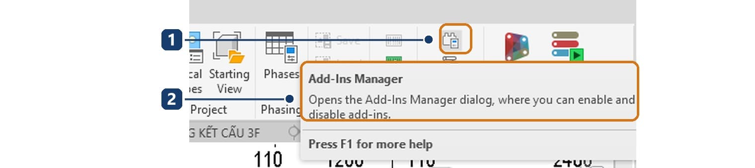 1 nút Add-Ins Manager trên panel Extensions. 2 chú thích của Revit: mở hộp thoại để bật hoặc tắt add-in
