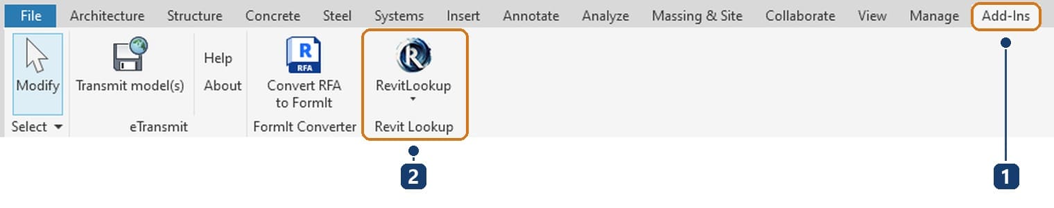1 tab Add-Ins. 2 panel Revit Lookup mới xuất hiện cạnh eTransmit và FormIt Converter có sẵn