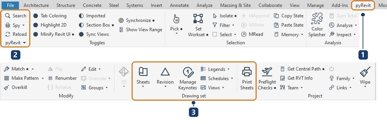1 tab pyRevit riêng trên ribbon. 2 panel pyRevit với Search, Spy, Reload. 3 panel Drawing set gồm các công cụ tờ, bản sửa đổi, ghi chú khóa và danh mục