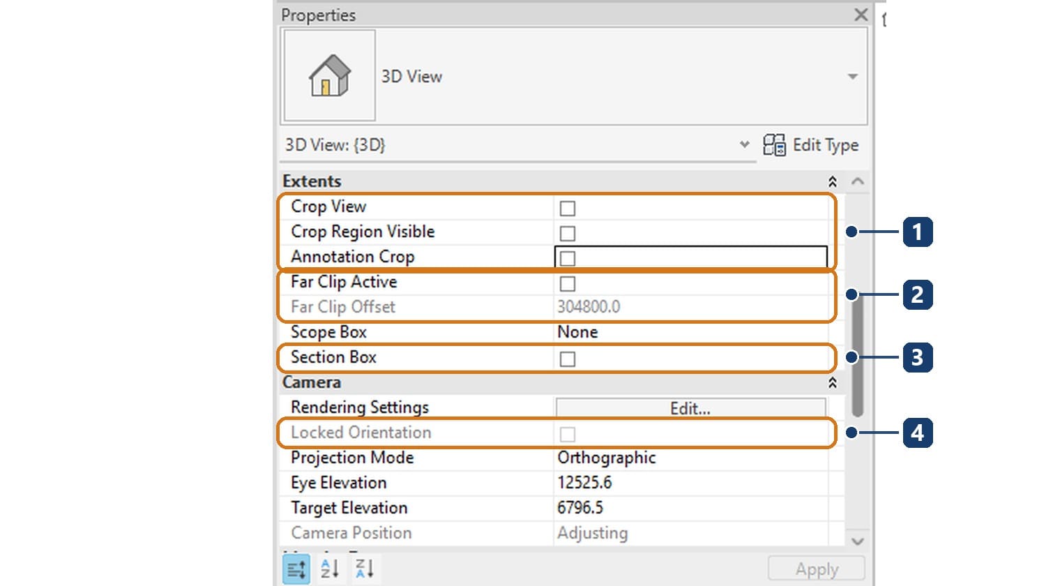 1 Crop View, Crop Region Visible and Annotation Crop. 2 Far Clip Active and Far Clip Offset. 3 Section Box. 4 Locked Orientation