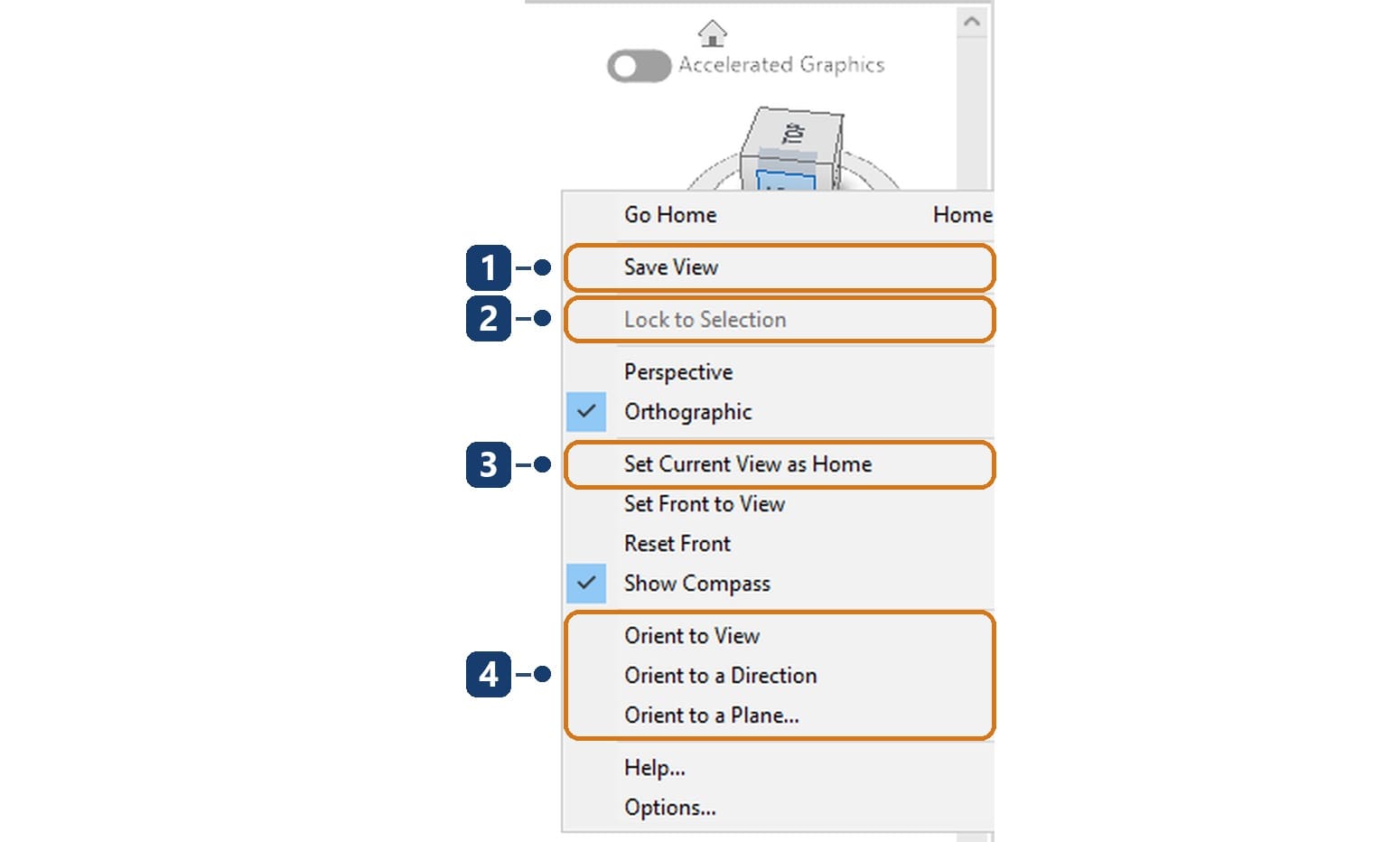 1 Save View saves the orientation as a new view. 2 Lock to Selection keeps the centre on the selected objects. 3 Set Current View as Home makes the current orientation the Home view. 4 Orient to View, Orient to a Direction and Orient to a Plane