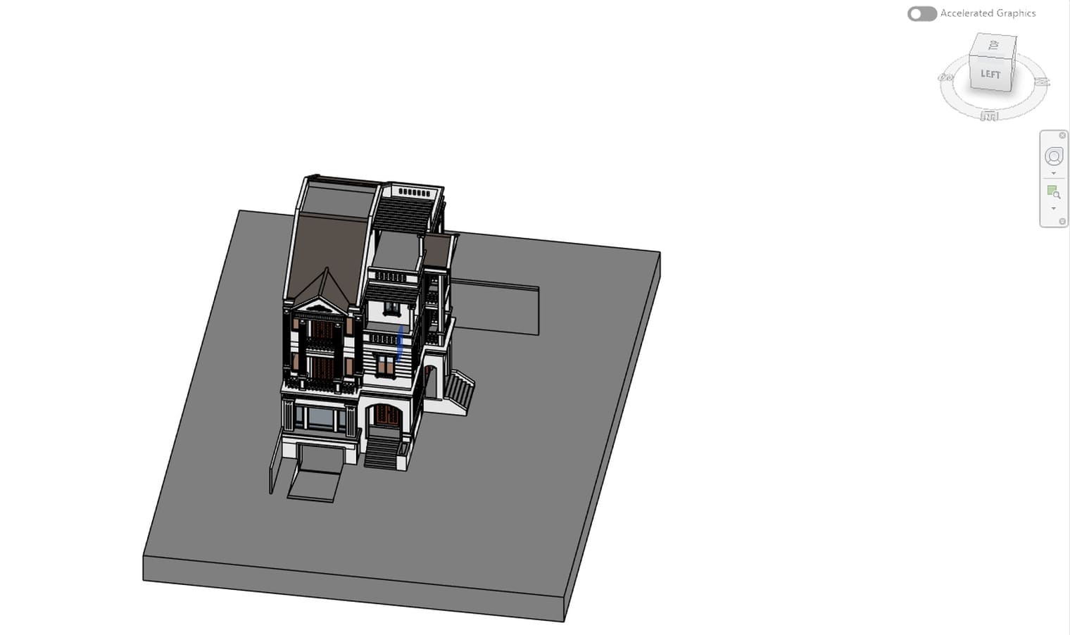 A villa model in the {3D} view of Revit 2027 after orbiting with Shift and the middle mouse button, with the ViewCube at the top right