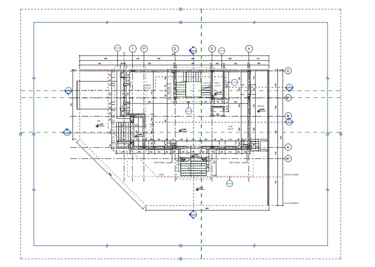 Mặt bằng tầng 1 trong Revit 2027 với vùng cắt đang chọn: đường liền là vùng cắt mô hình, đường nét đứt bên ngoài là Annotation Crop