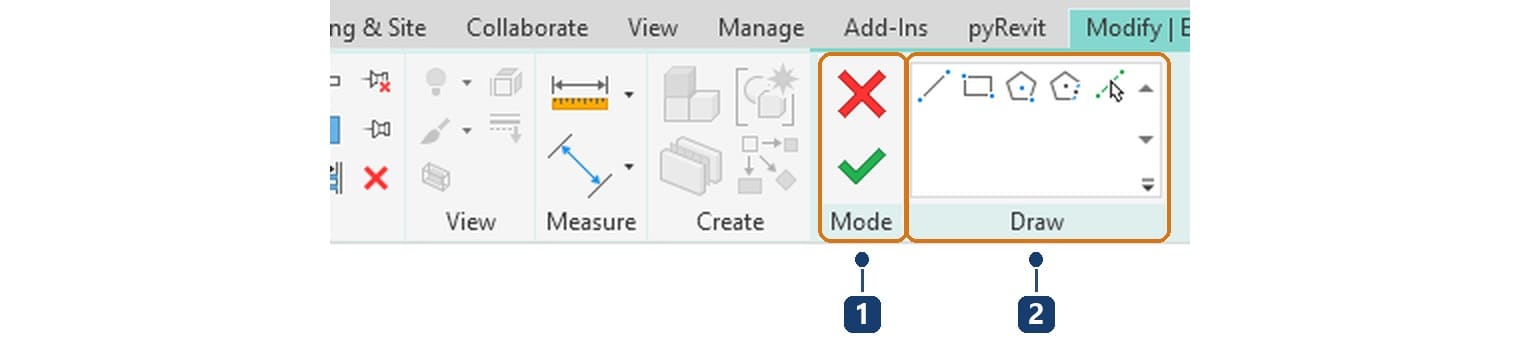 1 panel Mode với nút huỷ và nút hoàn tất. 2 panel Draw để vẽ lại đường biên