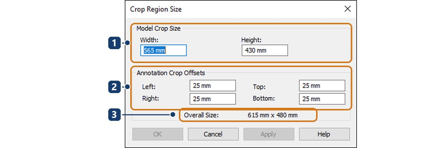1 Model Crop Size với chiều rộng và chiều cao. 2 Annotation Crop Offsets cho bốn phía. 3 Overall Size là kích thước tổng cả hai vùng