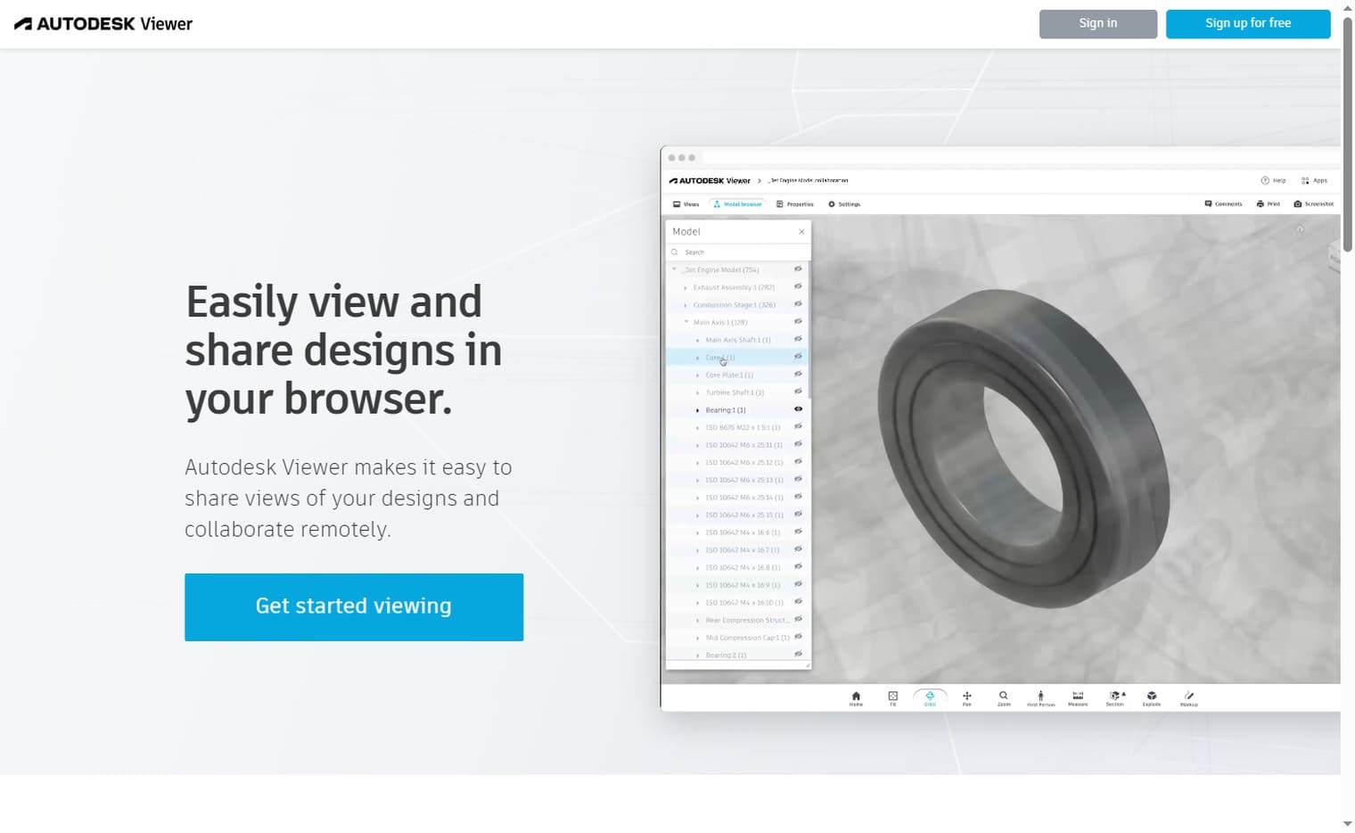 The Autodesk Viewer home page with the Get started viewing button and the free sign-up button