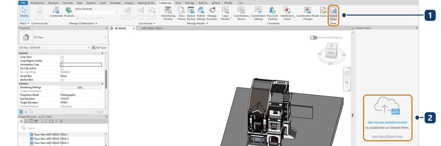 The Shared Views button on the Collaborate tab of Revit 2027 with the Shared Views palette open on the right, the sharing route Autodesk recommends in place of Viewer Mode
