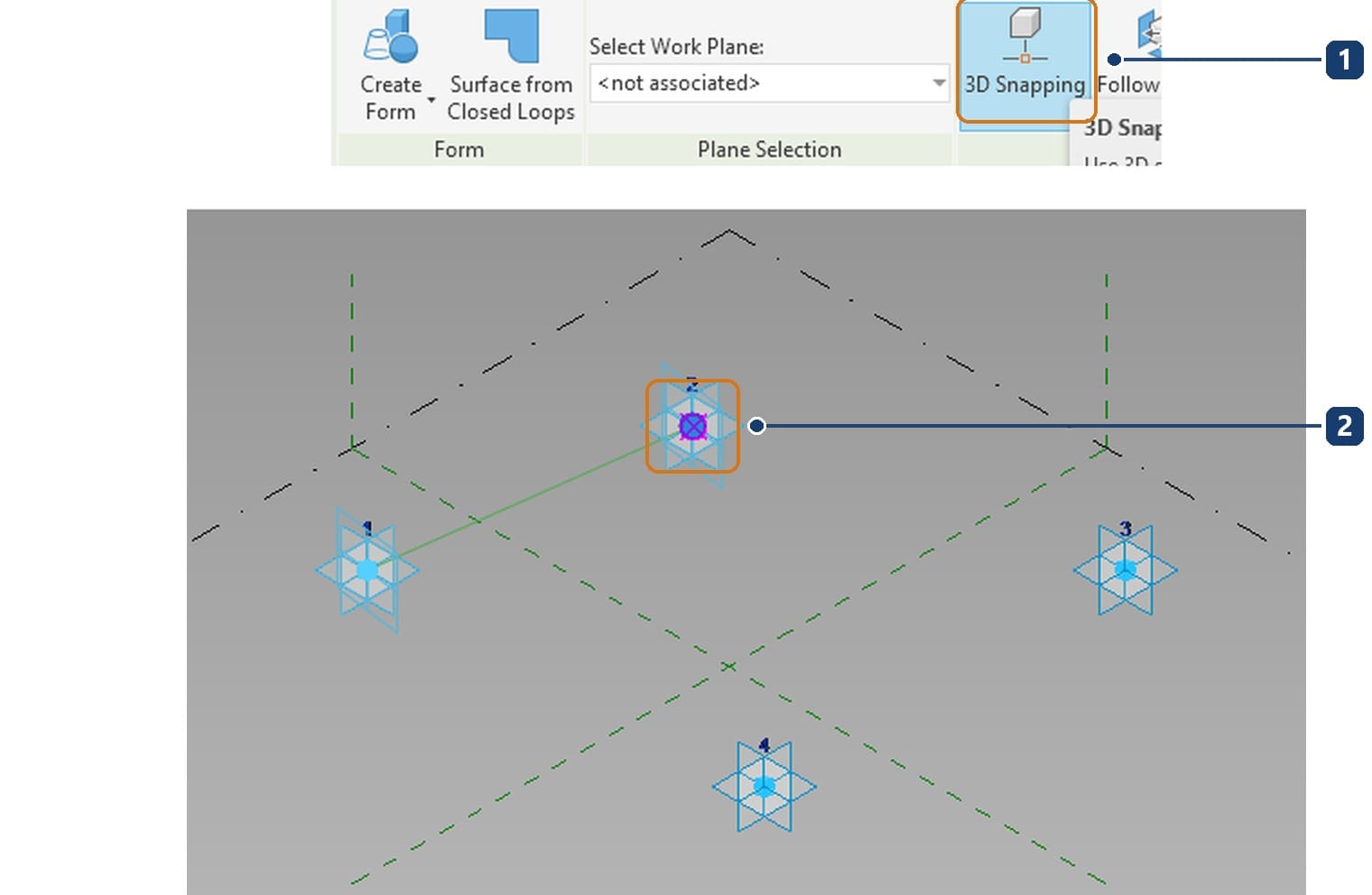 1 3D Snapping turned on. 2 the snap marker sitting exactly on adaptive point 2