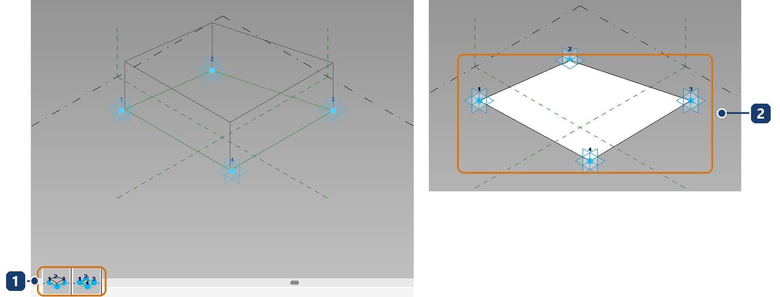 1 the two options Revit offers at the bottom of the screen; press Space to switch. 2 a surface panel built on the 4 adaptive points