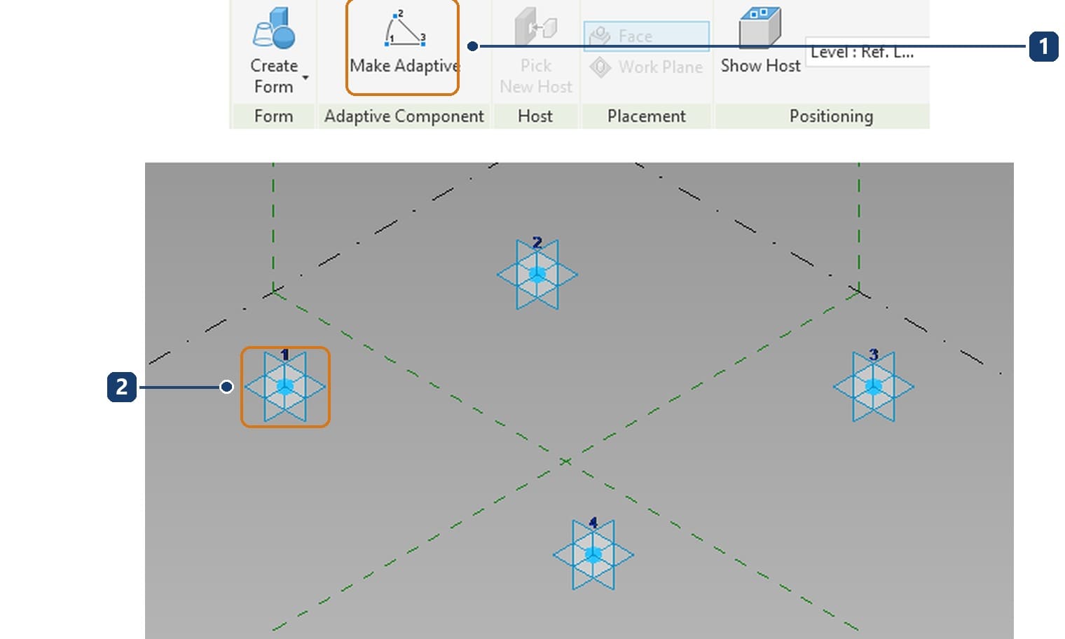 1 the Make Adaptive button on the Modify › Reference Points tab. 2 adaptive point 1; points are numbered in placement order