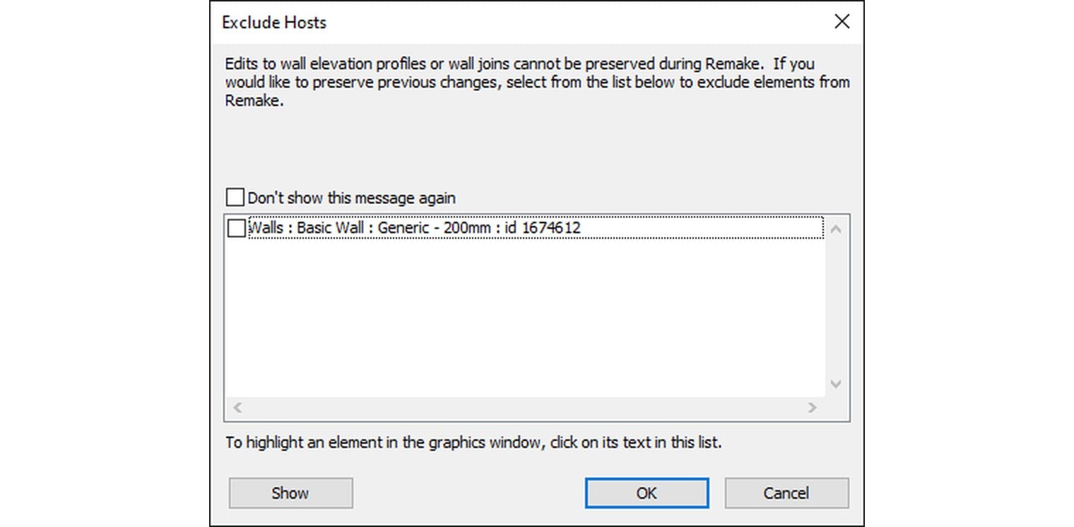 Hộp Exclude Hosts cảnh báo chỉnh sửa profile mặt đứng và mối nối tường không được giữ khi dựng lại, kèm danh sách tường để loại trừ