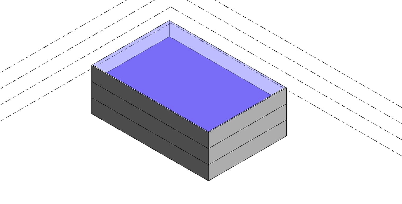 Khối văn phòng 30 × 20 m cao ba tầng trong Revit 2027, hai mặt đứng đã được phủ tường bằng công cụ Wall by Face