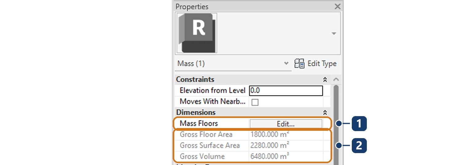 1 nút Edit của Mass Floors. 2 Gross Floor Area, Gross Surface Area và Gross Volume