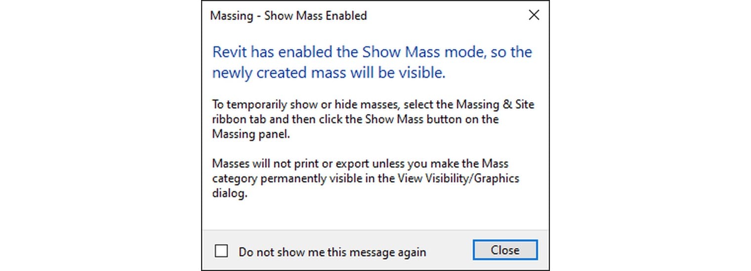 Hộp Massing - Show Mass Enabled thông báo Revit đã bật chế độ Show Mass và lưu ý khối không in hay xuất nếu nhóm Mass không bật trong Visibility/Graphics