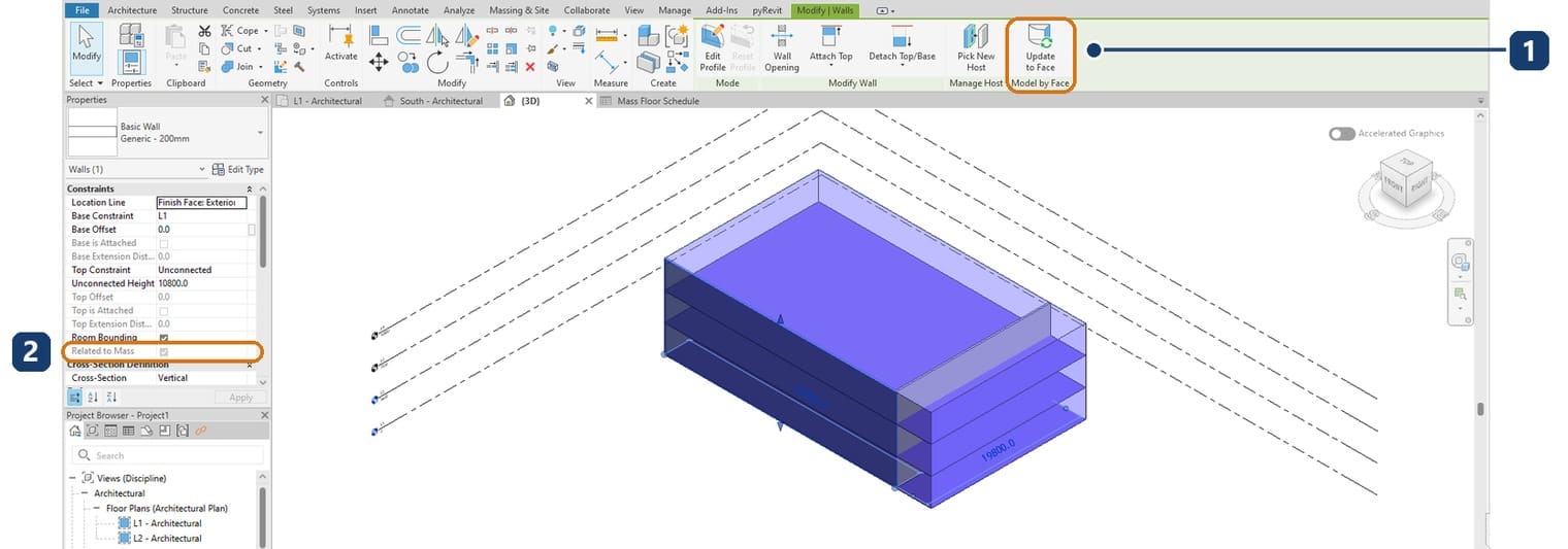 1 nút Update to Face trên thẻ Modify | Walls. 2 ô Related to Mass cho biết tường được tạo từ mặt khối