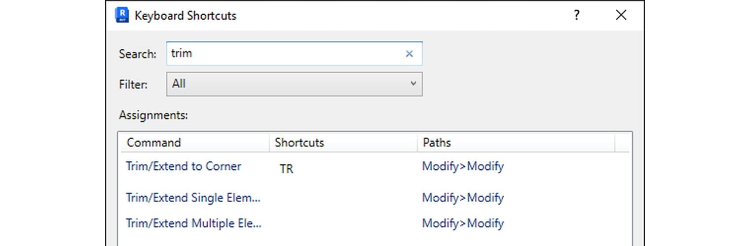 Hộp Keyboard Shortcuts tìm chữ trim: ba lệnh Trim/Extend, chỉ lệnh to Corner có phím TR