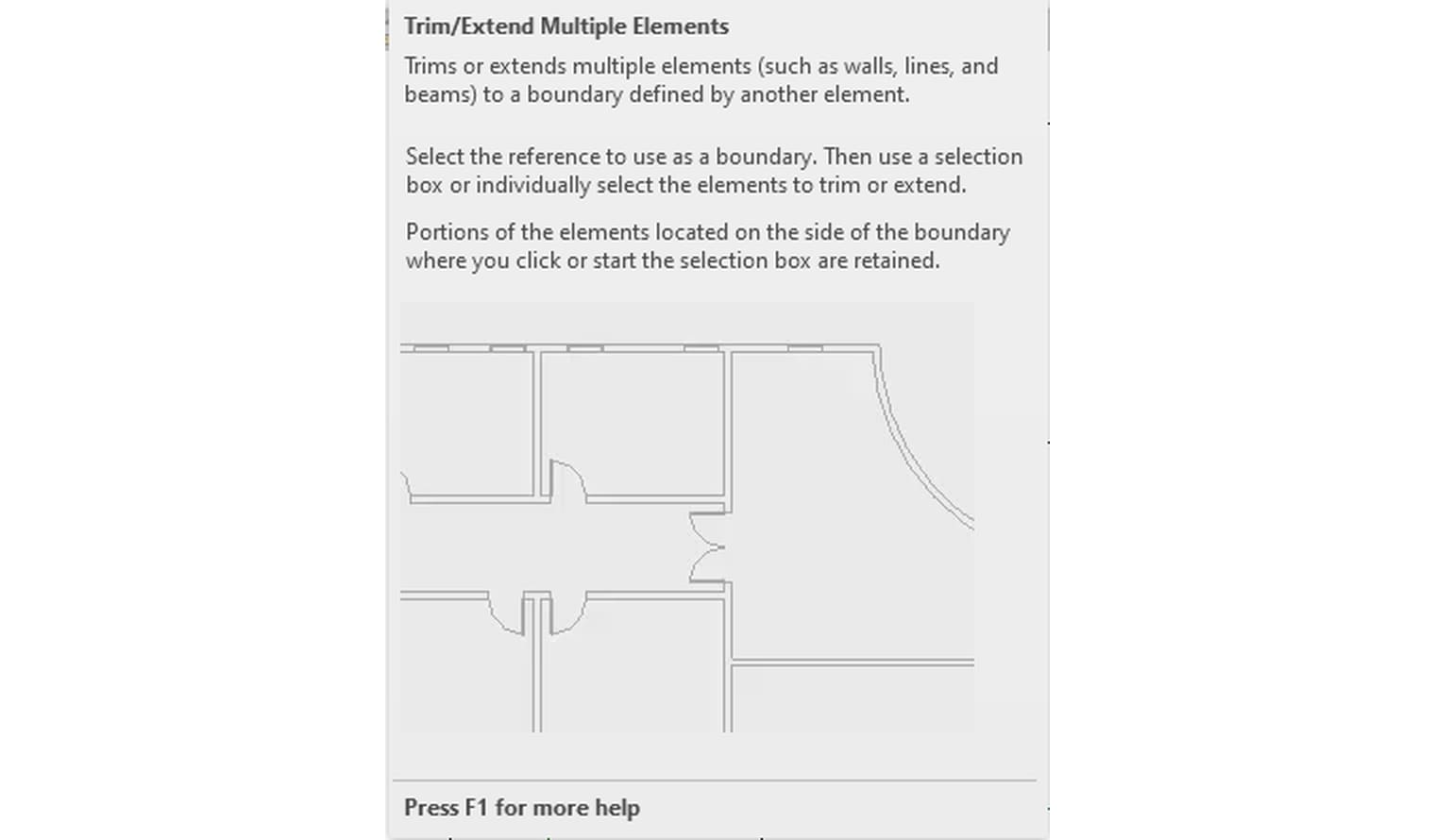 Chú thích mở rộng của Trim/Extend Multiple Elements với hình minh hoạ các bức tường được kéo tới cùng một biên