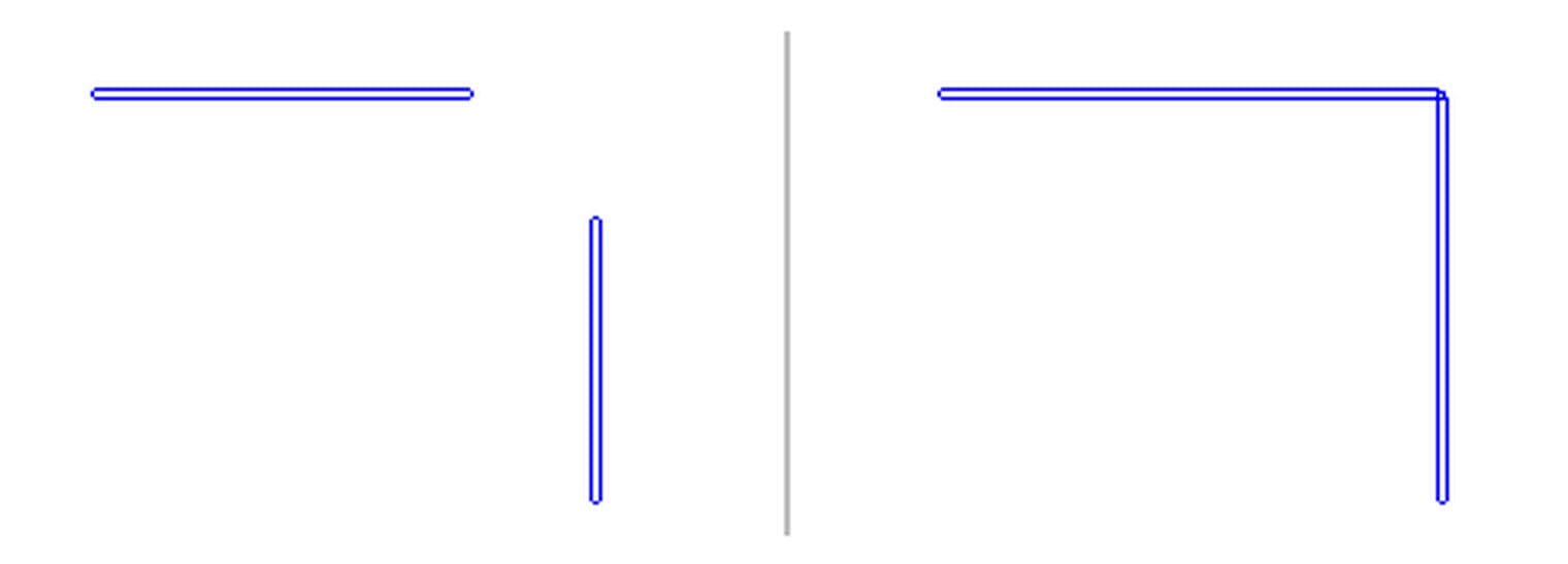 Bên trái: hai đoạn ống rời nhau. Bên phải: sau Trim/Extend to Corner, hai đoạn nối thành góc vuông