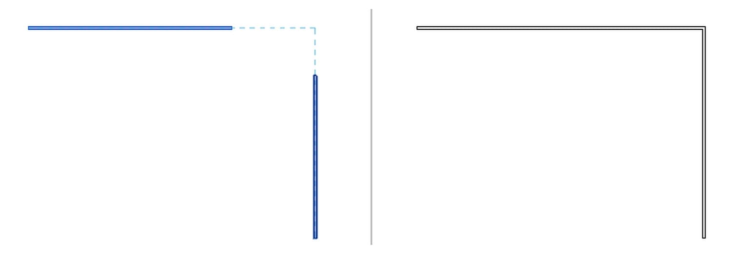 Trim/Extend to Corner trong Revit 2027: bên trái là đường xem trước khi chọn bức tường thứ hai, bên phải là góc tường sau khi cắt nối