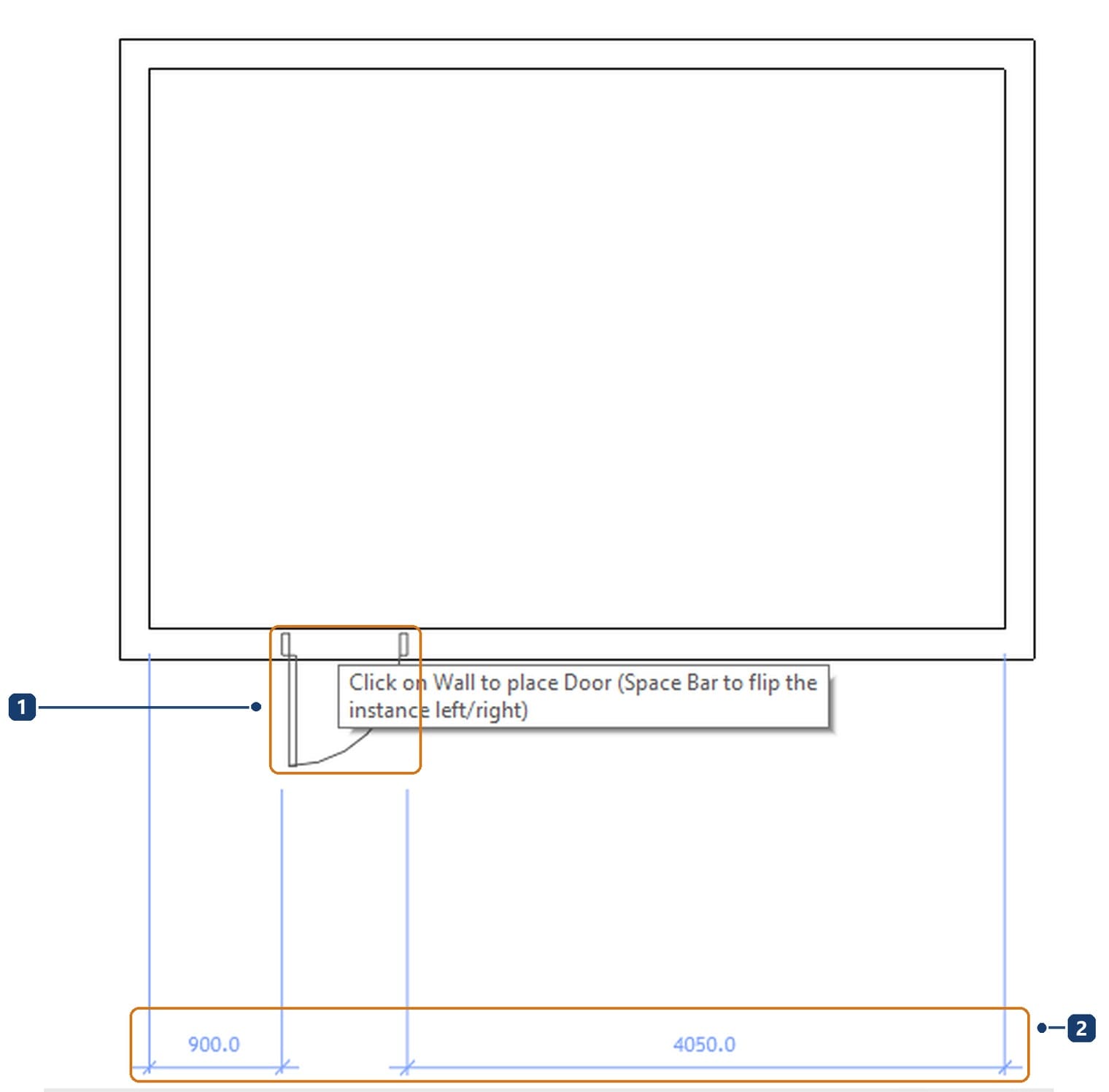 1 the door preview while hovering over the wall. 2 temporary dimensions from the door to the two wall ends