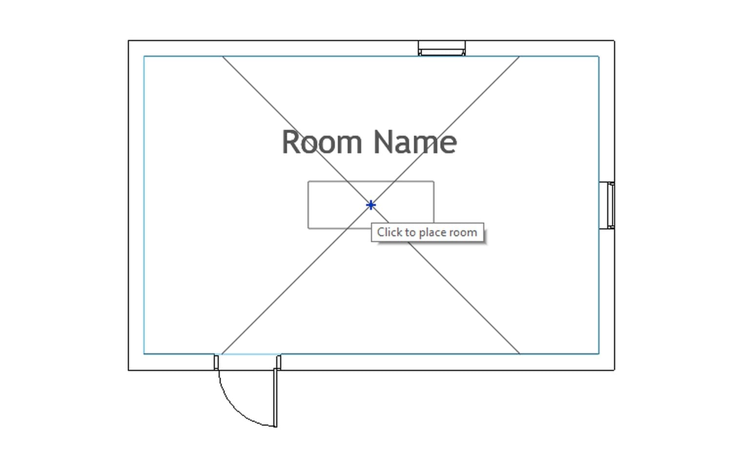 The Room tool detects the area enclosed by the four walls and shows the tooltip Click to place room