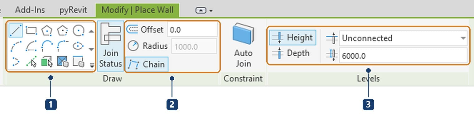 1 Draw panel: Line, Rectangle, polygons, circle, arcs, Pick Lines. 2 Offset, Radius and Chain. 3 wall height: Height, the top level, and the height used when Unconnected is chosen