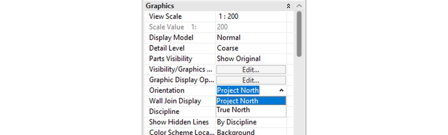 Ô Orientation trong Properties của mặt bằng, hai lựa chọn Project North và True North