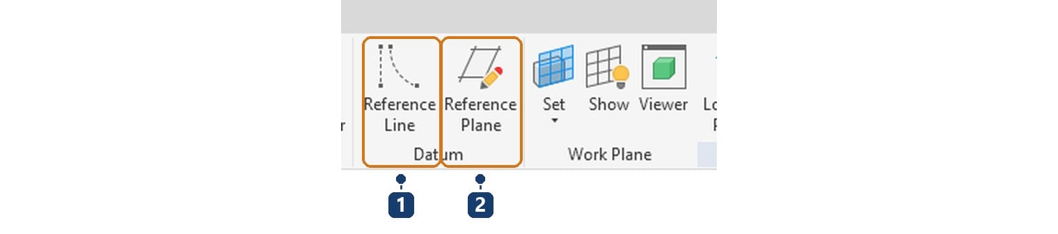 1 Reference Line. 2 Reference Plane, cả hai nằm ở panel Datum của thẻ Create trong Family Editor
