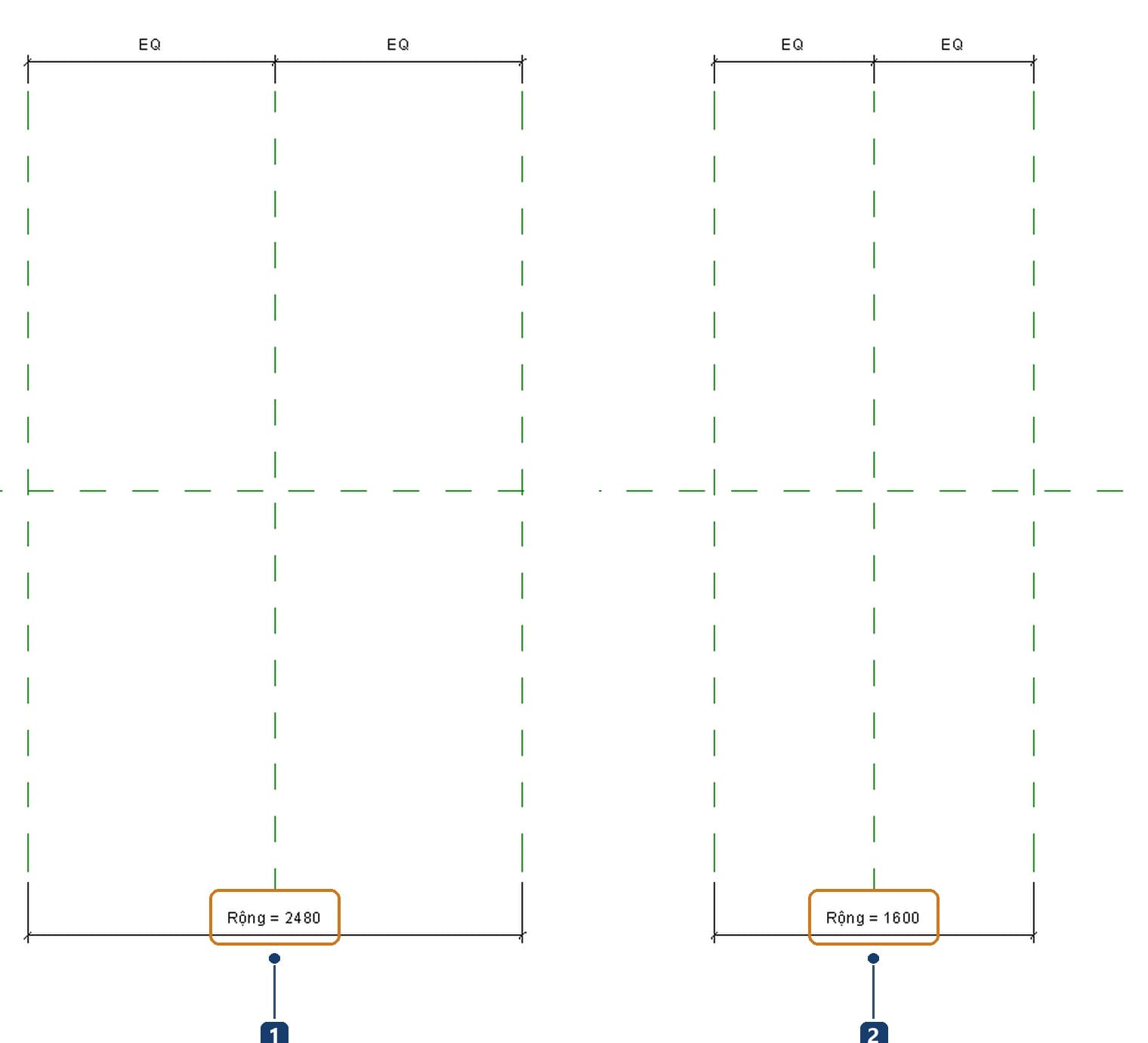 Hai reference plane trong family Revit 2027 được khoá cách đều bằng EQ và điều khiển bằng tham số Rộng: 2480 mm bên trái, 1600 mm bên phải