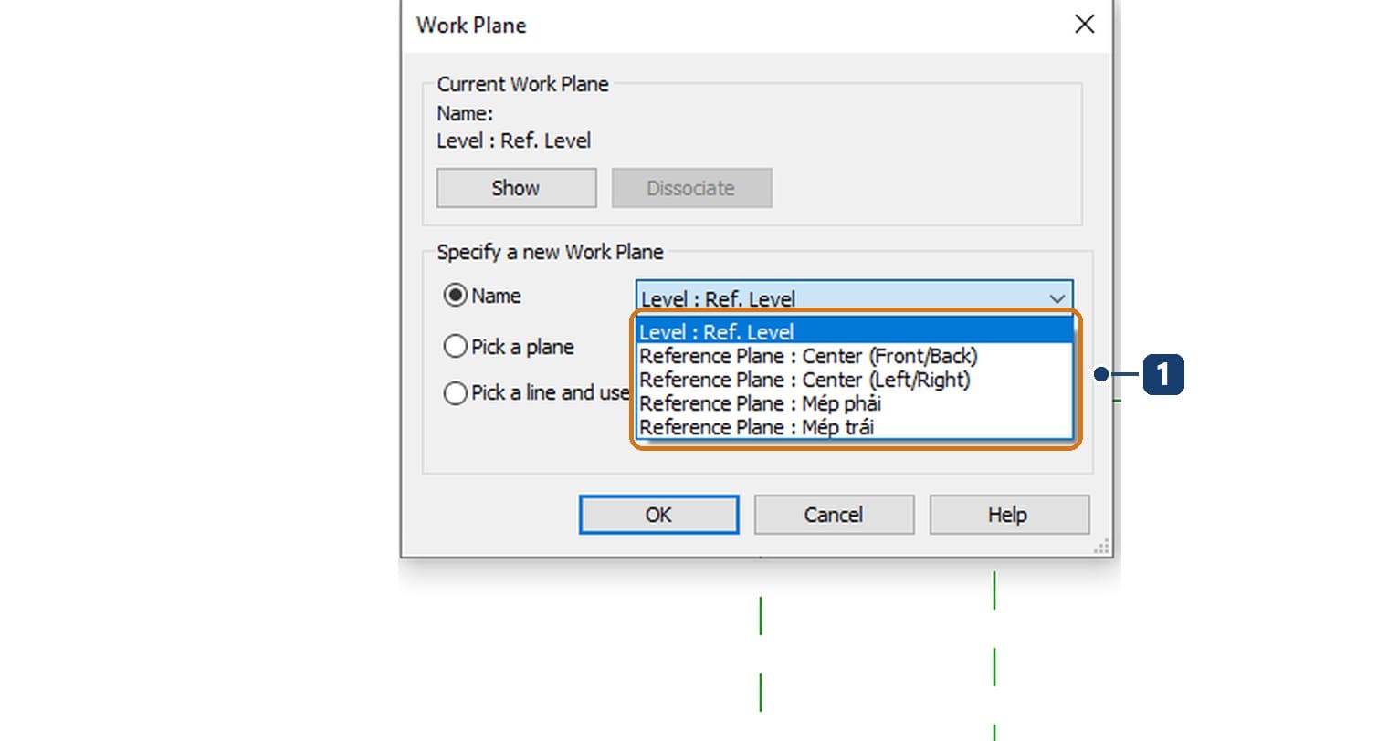 Hộp Work Plane: danh sách Name chỉ liệt kê cao độ và các reference plane đã có tên; hai mặt phẳng Mép trái, Mép phải xuất hiện sau khi được đặt tên