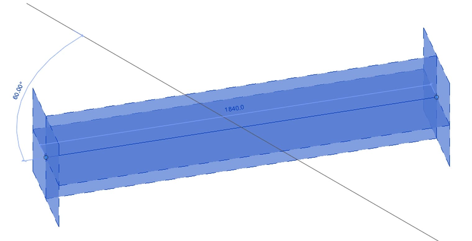 Reference line được chọn trong khung nhìn 3D: hai mặt phẳng dọc theo đường, hai mặt phẳng ở hai đầu, kích thước tạm 1840 và góc 60°