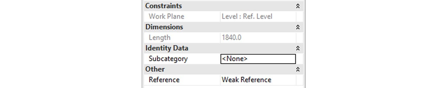 Properties của reference line: Work Plane, Length, Subcategory và Reference, mặc định Weak Reference; không có ô Name