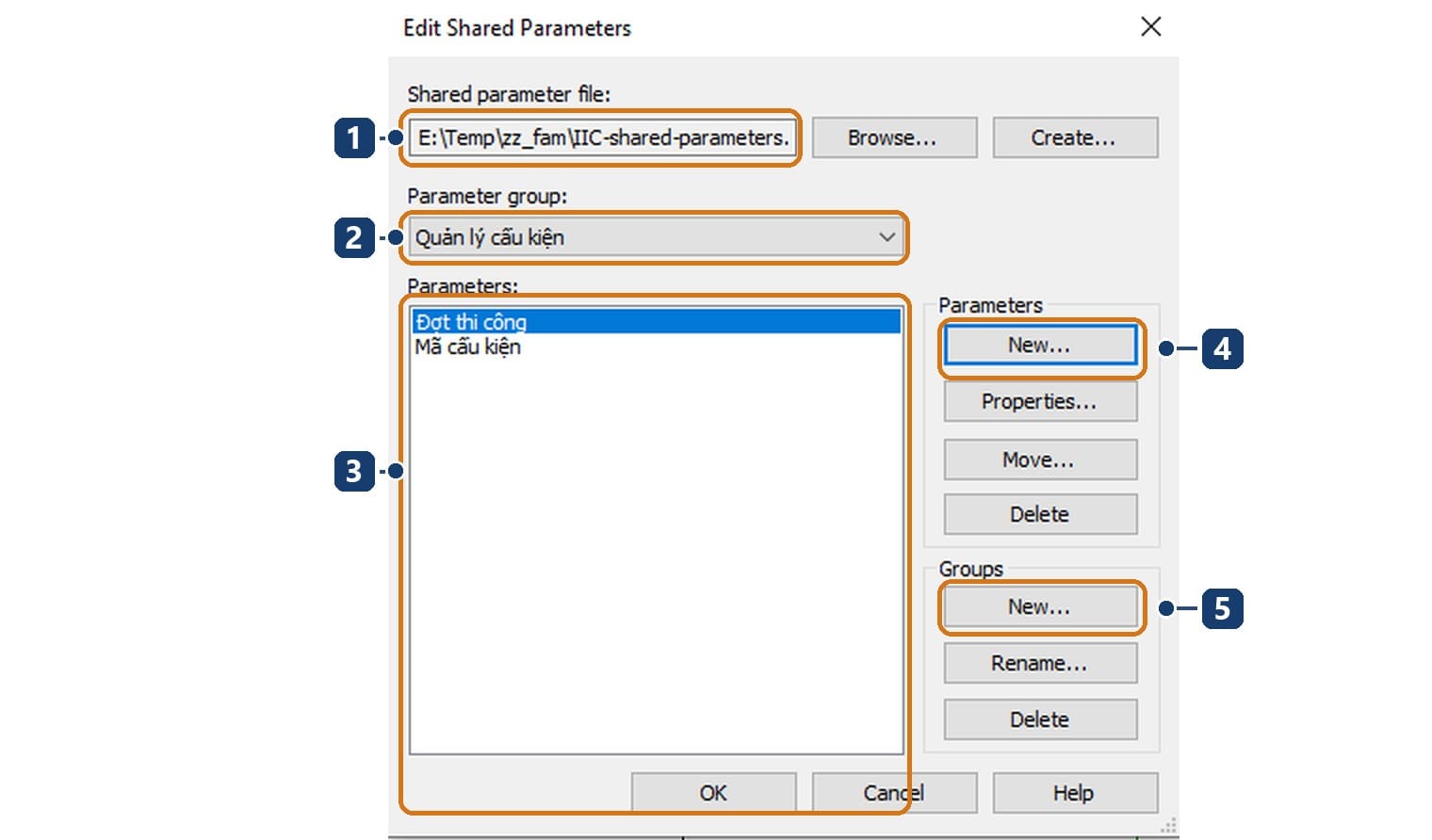 1 đường dẫn tệp shared parameter. 2 nhóm Quản lý cấu kiện. 3 hai tham số vừa tạo. 4 nút New của Parameters. 5 nút New của Groups
