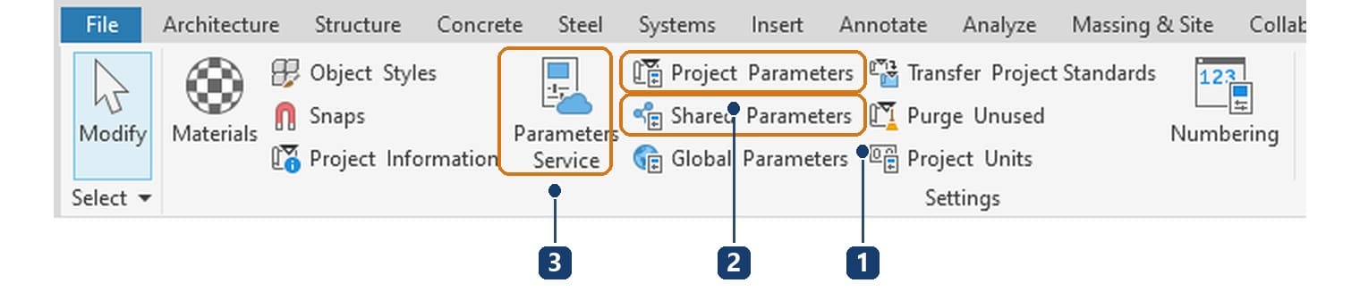 1 Shared Parameters. 2 Project Parameters. 3 Parameters Service, cả ba ở panel Settings của thẻ Manage