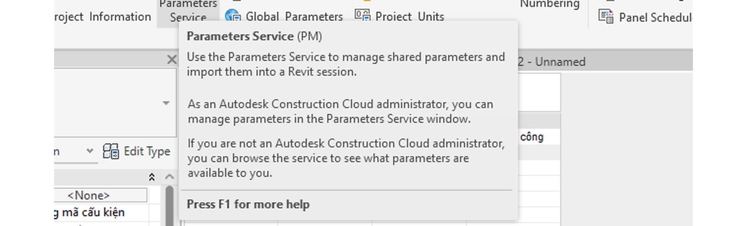 Chú thích nút Parameters Service (PM) trên thẻ Manage của Revit 2027