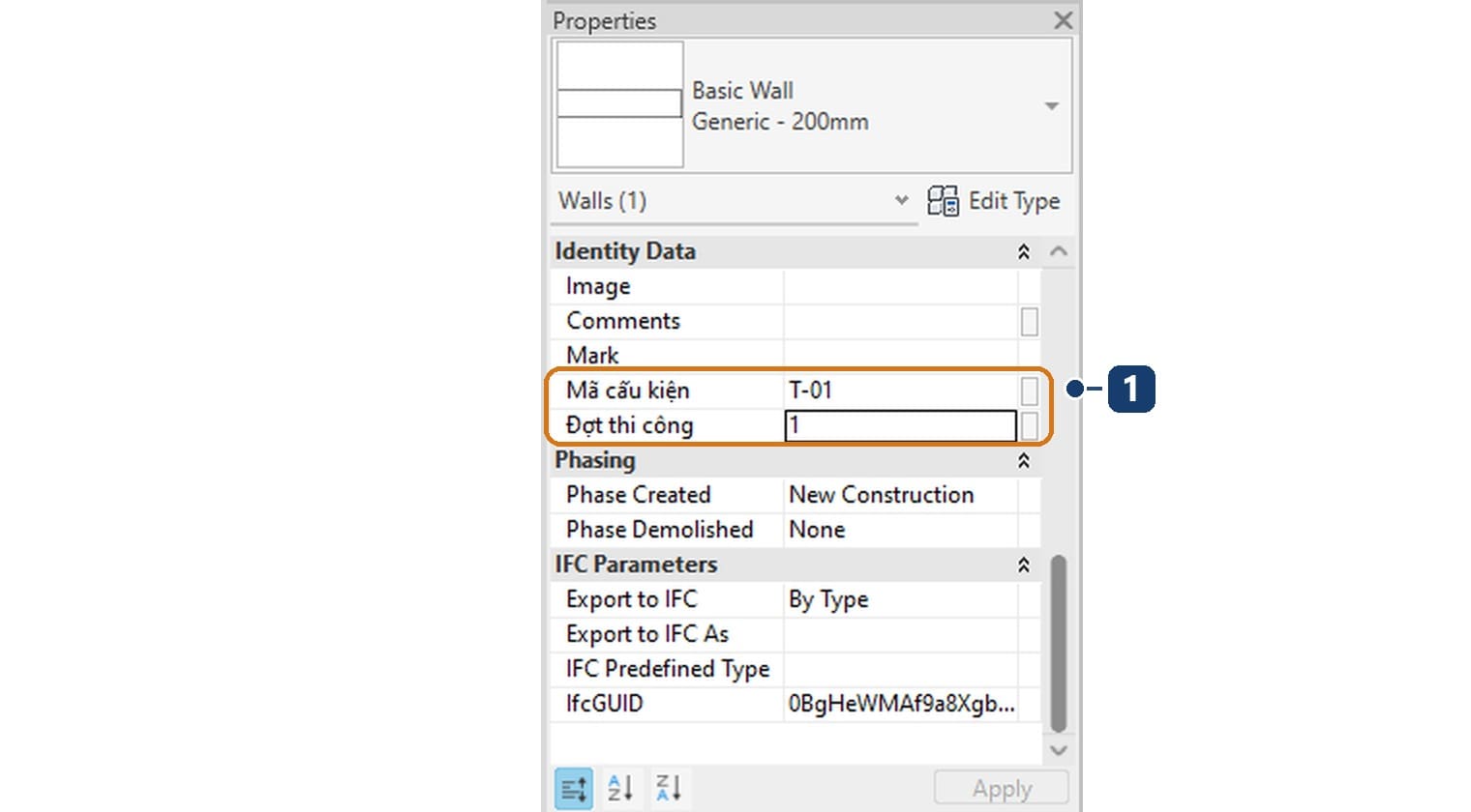 Properties của một bức tường: Mã cấu kiện T-01, Đợt thi công 1, nằm trong nhóm Identity Data