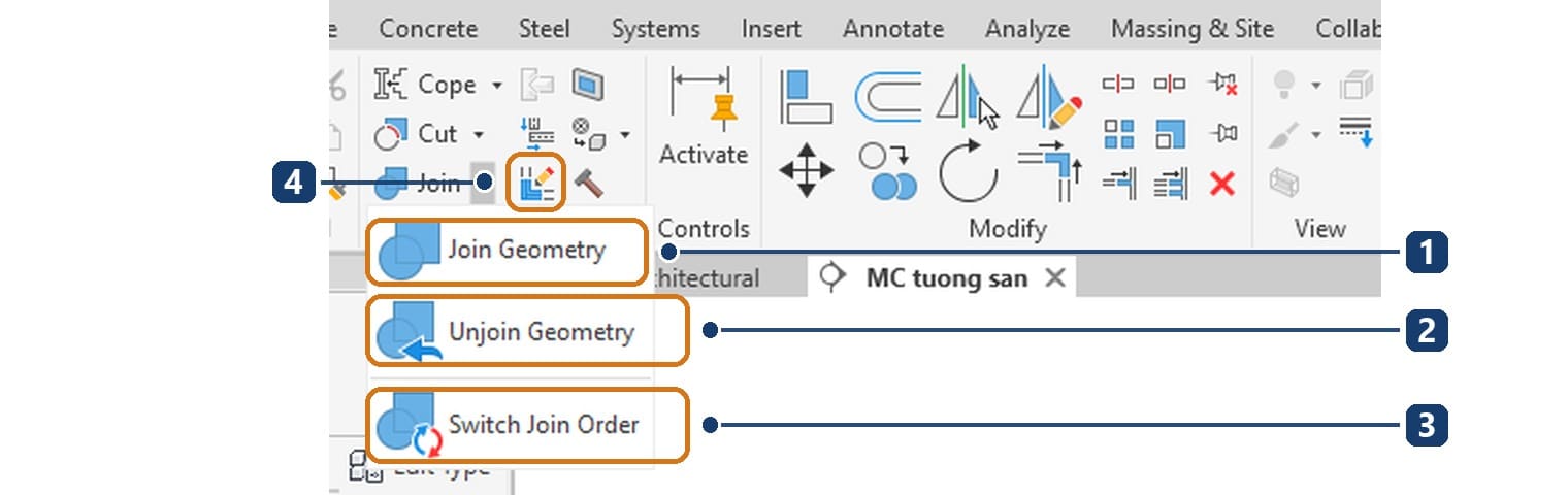 1 Join Geometry. 2 Unjoin Geometry. 3 Switch Join Order. 4 nút Wall Joins