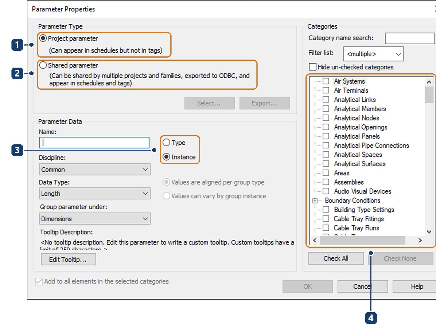 1 Project parameter: lên bảng thống kê, không lên nhãn. 2 Shared parameter: dùng chung, lên cả bảng và nhãn. 3 chọn Type hay Instance. 4 các nhóm cấu kiện nhận tham số