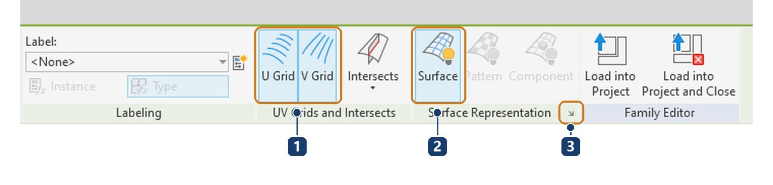 1 toggle the U and V grids. 2 show the surface. 3 the arrow that opens Surface Representation
