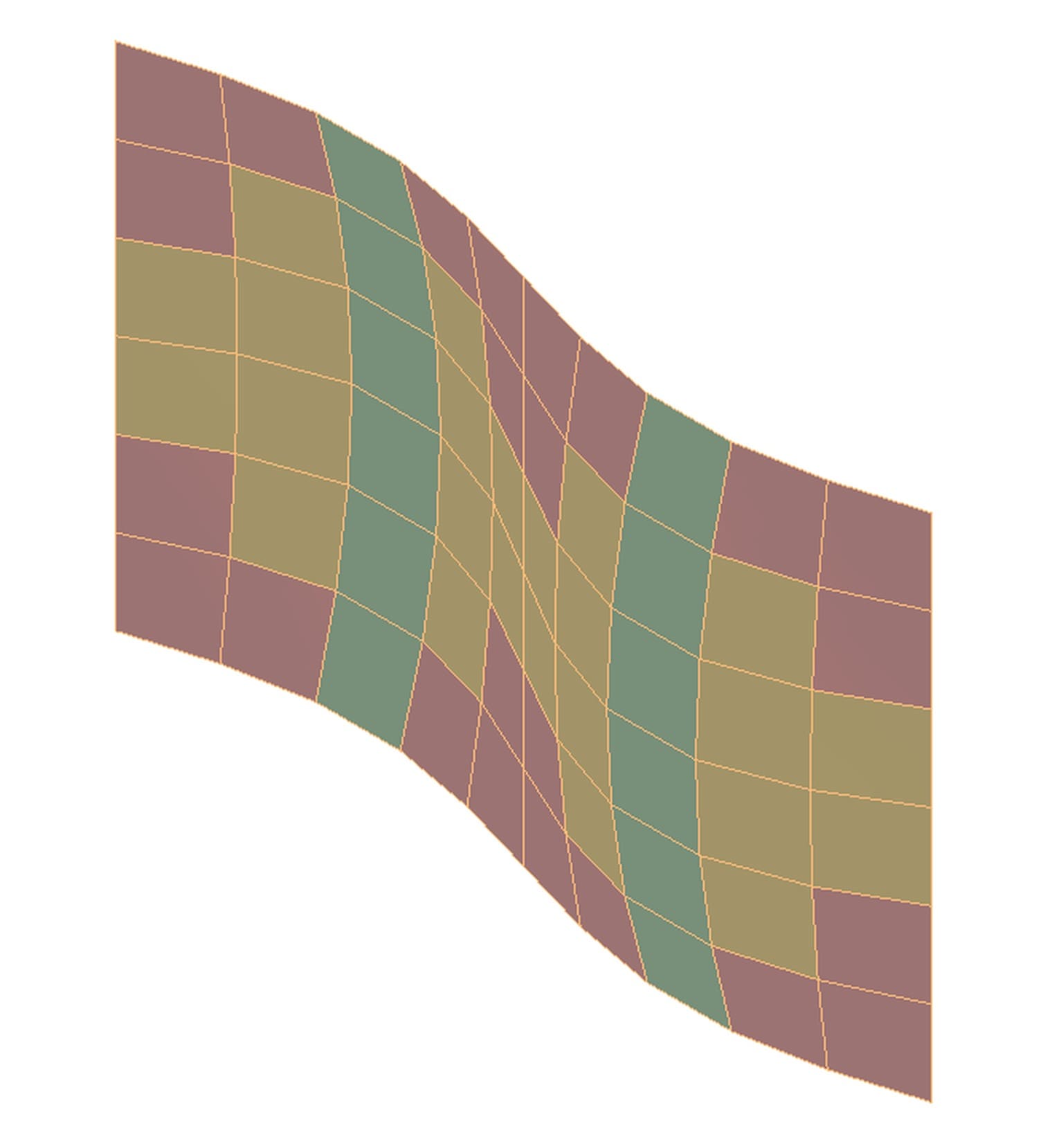 A curved facade of 60 adaptive panels in Revit 2027, coloured by warp: green flat, yellow moderate, red heavy