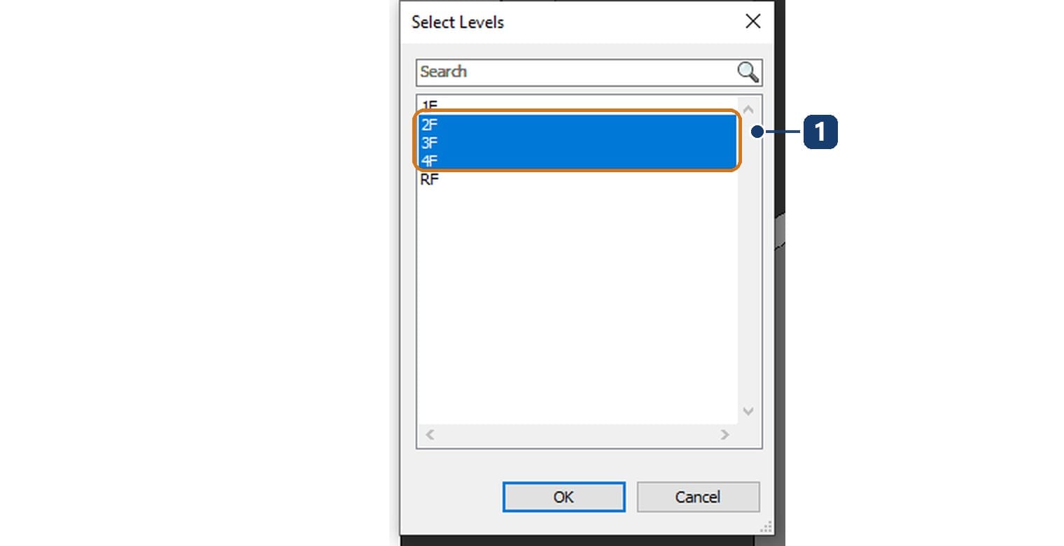 1 ba cao độ 2F, 3F, 4F đang được chọn trong hộp Select Levels