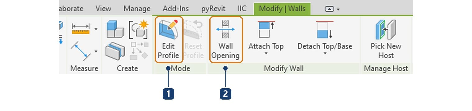 1 nút Edit Profile. 2 nút Wall Opening trên thẻ Modify Walls