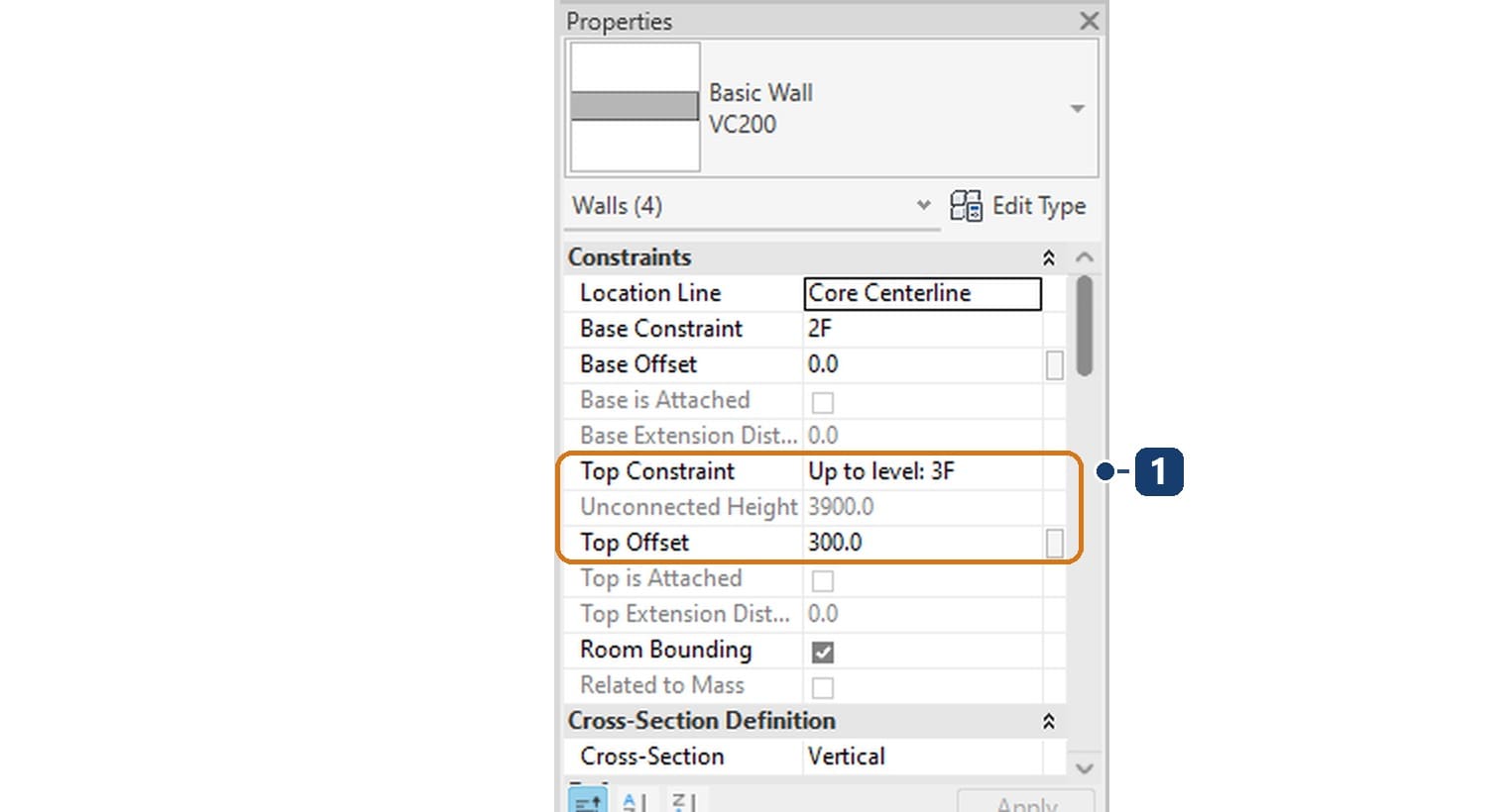 1 Top Constraint và Top Offset của vách vừa dán lên 2F