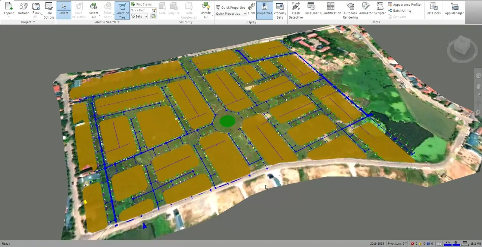 A lesson on screen: a federated infrastructure model of an urban area with plots, roads and drainage network in Navisworks Manage