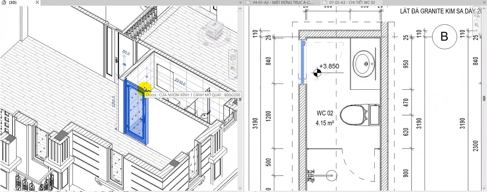 Màn hình bài giảng: chọn cửa trên mô hình 3D và đối chiếu với vị trí cửa, cao độ sàn trên mặt bằng khu vệ sinh