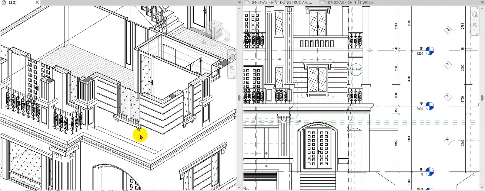 Màn hình bài giảng BIM Manager: mô hình 3D đặt cạnh bản vẽ mặt đứng nhằm kiểm tra sự thống nhất giữa mô hình và hồ sơ